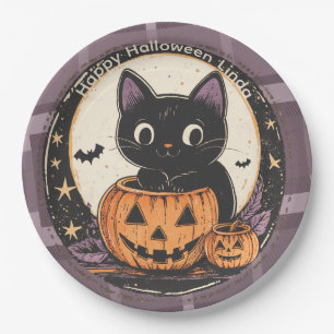 ハロウィンのかわいい猫の秋カード ペーパープレート