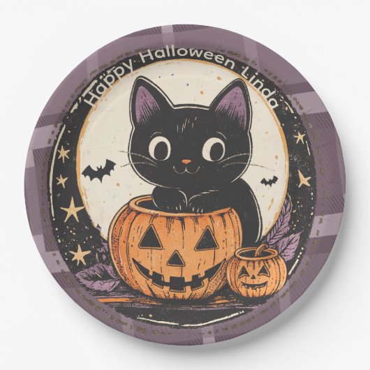 ハロウィンのかわいい猫の秋カード ペーパープレート (正面)