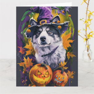 ハロウィンのかわいい秋田犬の魔女とカボチャ カード
