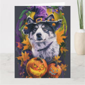 ハロウィンのかわいい秋田犬の魔女とカボチャ カード (正面)