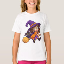 ハロウィンのかわいい空飛ぶ魔女のキッズTシャツ