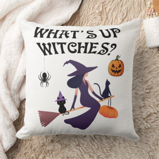ハロウィンのかわいい魔女と猫のデザイン クッション (ブランケット)