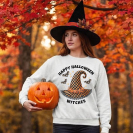 ハロウィンのかわいい魔女の帽子 オレンジと黒のギンガムチェック スウェットシャツ