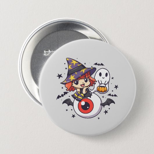 ハロウィンのかわいい魔女キッド 缶バッジ (正面&裏面)