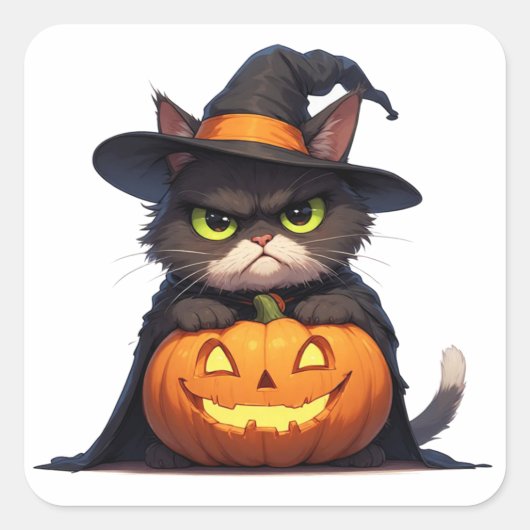 ハロウィンのかわいい魔女猫とジャック・オ・ランタン 🦇 スクエアシール (正面)