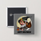 ハロウィンのかわいい魔法使いは名前かメッセージを加えます 缶バッジ (正面&裏面)