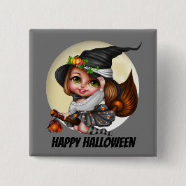 ハロウィンのかわいい魔法使いは名前かメッセージを加えます 缶バッジ