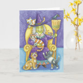 ハロウィンのかわいい魔法使い、熱狂するな猫の女性 カード (黄色い花)