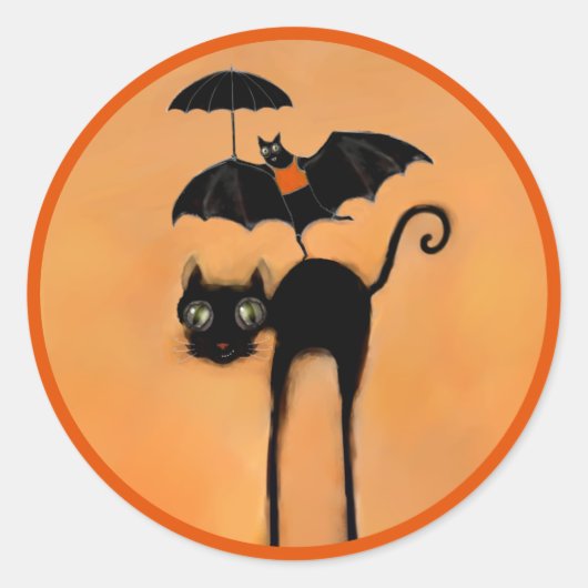 ハロウィンのかわいい黒猫とコウモリ ラウンドシール (正面)