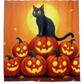 ハロウィンのかわいい黒猫とジャックの提灯 シャワーカーテン (正面)
