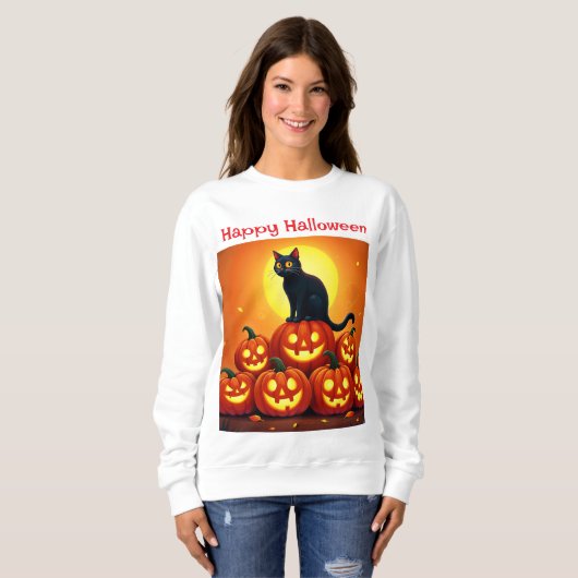 ハロウィンのかわいい黒猫とジャックの提灯 スウェットシャツ (正面フル)