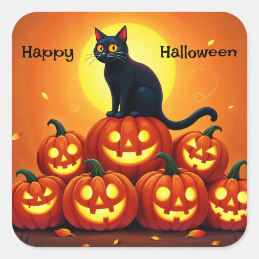 ハロウィンのかわいい黒猫とジャックの提灯 スクエアシール (正面)