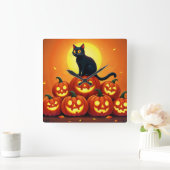 ハロウィンのかわいい黒猫とジャックの提灯 スクエア壁時計 (ホーム)