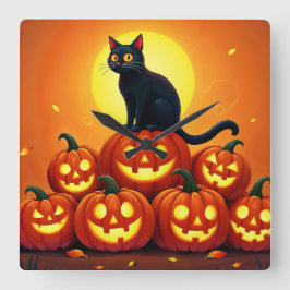 ハロウィンのかわいい黒猫とジャックの提灯 スクエア壁時計