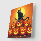 ハロウィンのかわいい黒猫とジャックの提灯 スクエア壁時計 (傾斜)