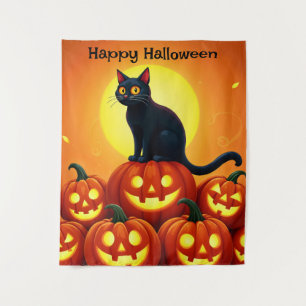 ハロウィンのかわいい黒猫とジャックの提灯 タペストリー