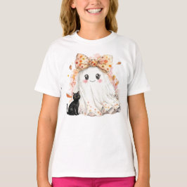 ハロウィンのかわいい黒猫と幽霊のイラスト Tシャツ