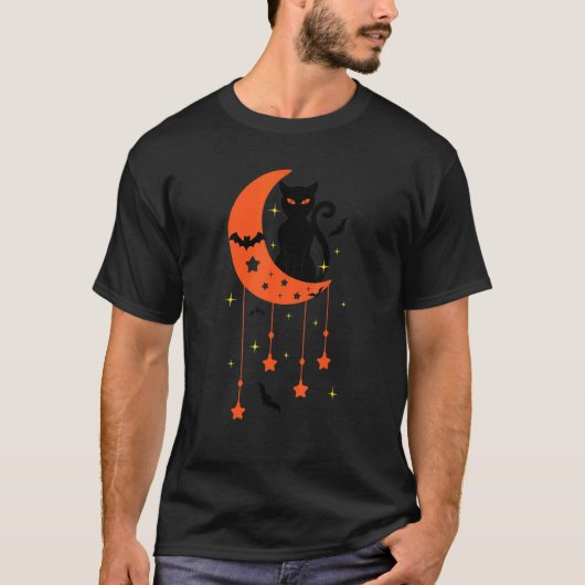 ハロウィンのかわいい黒猫と月   猫 Tシャツ (正面)