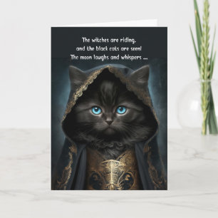 ハロウィンのかわいい黒猫の魔女のコートと詩 シーズンカード