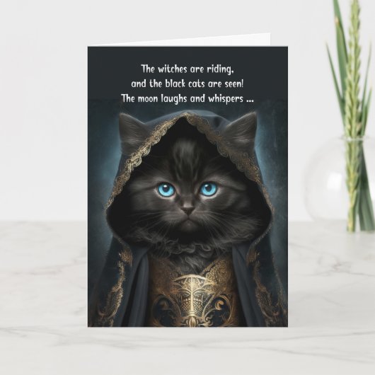 ハロウィンのかわいい黒猫の魔女のコートと詩 シーズンカード (正面)