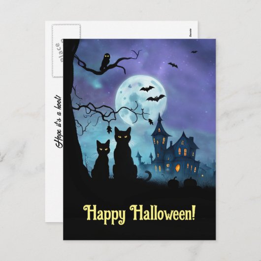 ハロウィンのかわいい黒猫フクロウ シーズンポストカード (正面/裏面)