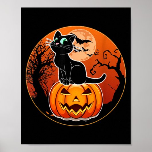 ハロウィンのかわいい黒猫魔女の帽子パンプキン用 ポスター (正面)
