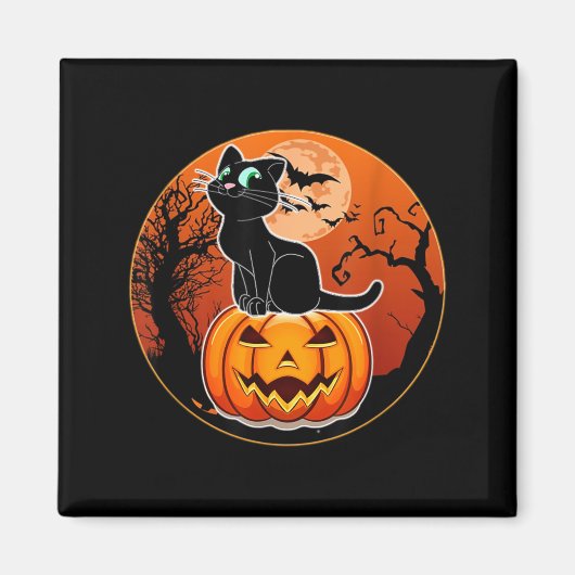 ハロウィンのかわいい黒猫魔女の帽子パンプキン用 マグネット (正面)
