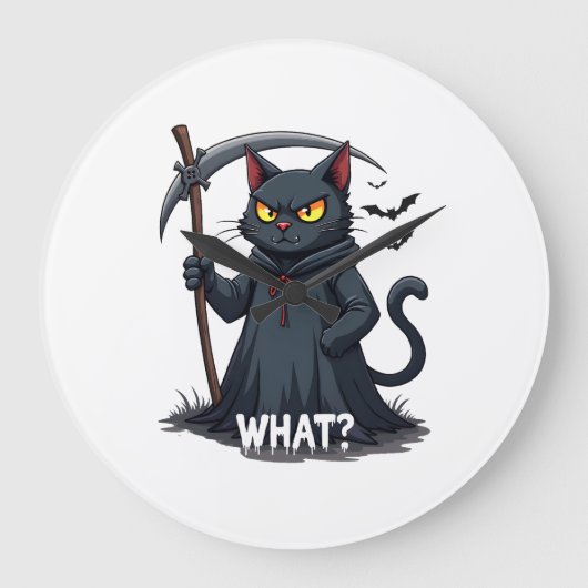 ハロウィンのかわいい黒猫、怖い猫、怒った猫 F ラージ壁時計 (正面)