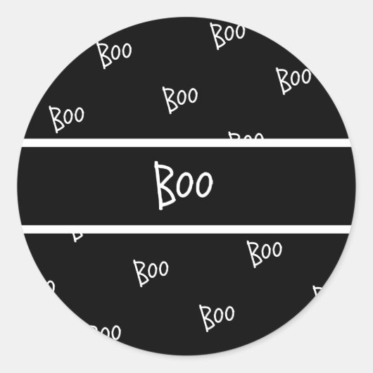 ハロウィンのかわいい「boo」タイポグラフィーデザイン 黒と白 ラウンドシール (正面)