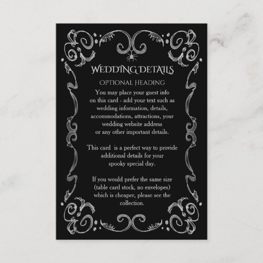 ハロウィンのくもゴシック様式スクロール結婚式の詳細 エンクロージャーカード (正面)