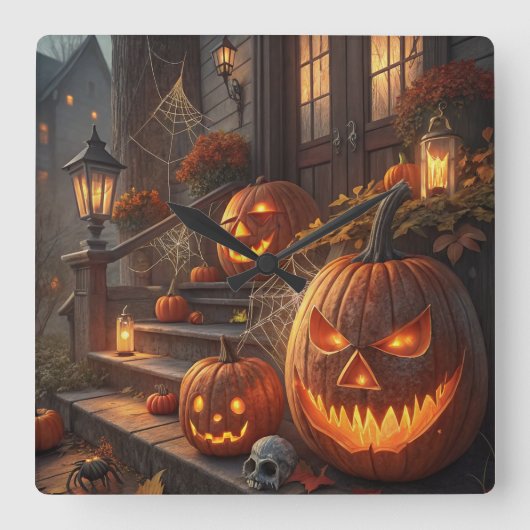 ハロウィンのためのカボチャの飾り|ユニーク&ファ スクエア壁時計 (正面)