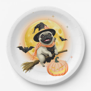 ハロウィンのとんがり帽子パグの魔法のほうき ペーパープレート