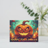 ハロウィンのろうそくに囲まれた怖い顔のかぼちゃ シーズンポストカード (スタンド正面)