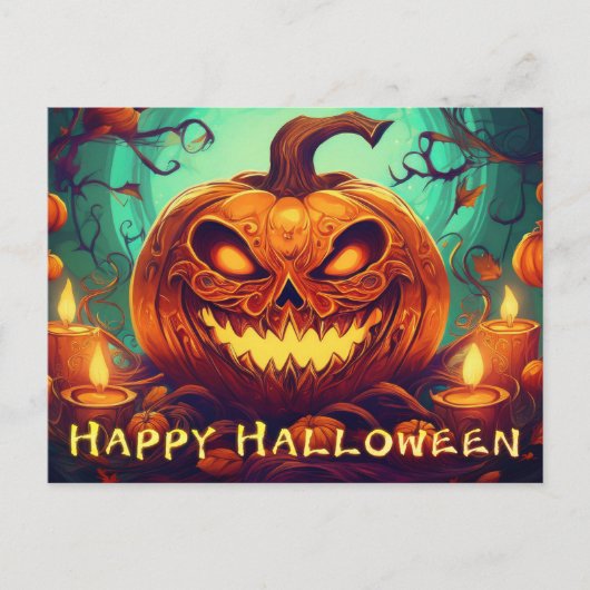 ハロウィンのろうそくに囲まれた怖い顔のかぼちゃ シーズンポストカード (正面)