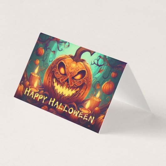 ハロウィンのろうそくに囲まれた怖い顔のカボチャ (正面)