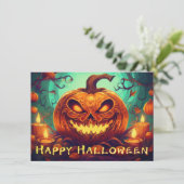 ハロウィンのろうそくに囲まれた怖い顔のカボチャ (スタンド正面)