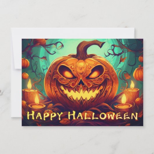 ハロウィンのろうそくに囲まれた怖い顔のカボチャ (正面)