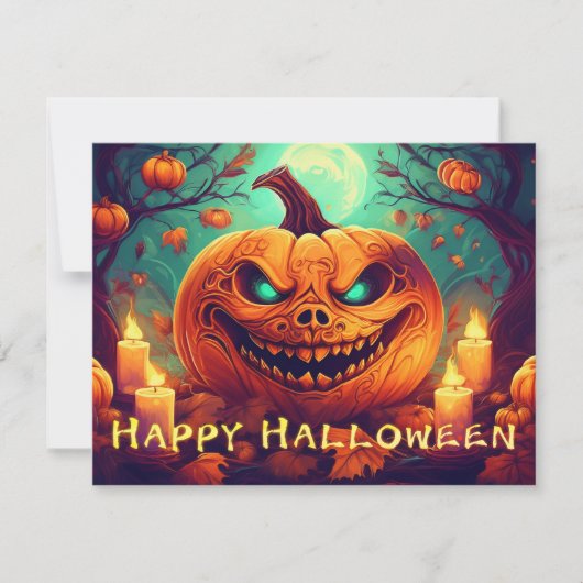 ハロウィンのろうそくに囲まれた怖い顔のカボチャ (正面)