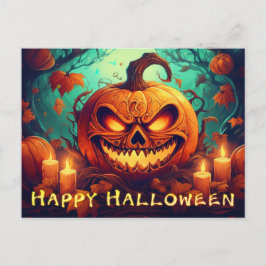 ハロウィンのろうそくに囲まれた怖い顔のカボチャ シーズンポストカード