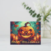 ハロウィンのろうそくに囲まれた怖い顔のカボチャ シーズンポストカード (スタンド正面)