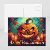 ハロウィンのろうそくに囲まれた怖い顔のカボチャ シーズンポストカード (正面/裏面)