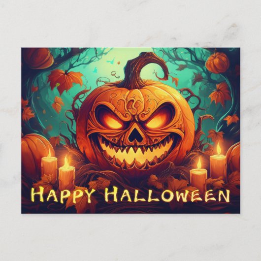 ハロウィンのろうそくに囲まれた怖い顔のカボチャ シーズンポストカード (正面)
