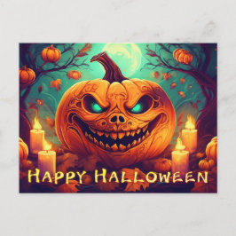 ハロウィンのろうそくに囲まれた怖い顔のカボチャ シーズンポストカード
