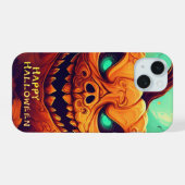 ハロウィンのろうそくに囲まれた怖い顔のカボチャ iPhone 15ケース (裏面横)
