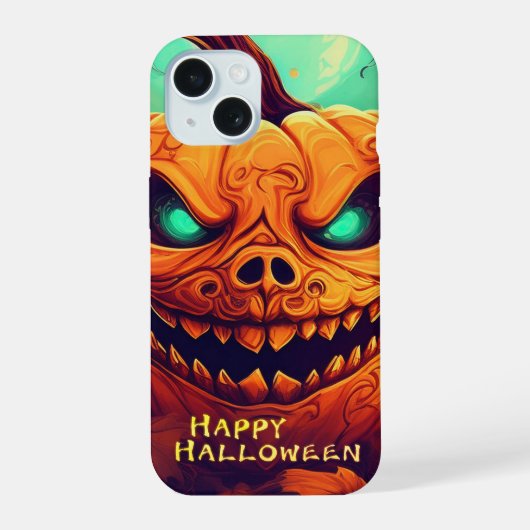 ハロウィンのろうそくに囲まれた怖い顔のカボチャ iPhone 15ケース (裏面)