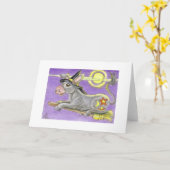 ハロウィンのろばの魔法使いおよび飛行のほうき カード (黄色い花)