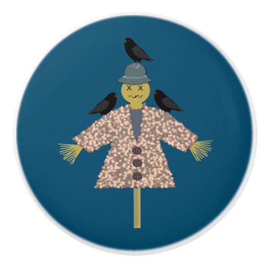 ハロウィンのわら人形とワタリガラス セラミックノブ (正面)