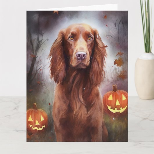 ハロウィンのアイリッシュセッターとカボチャ　怖い カード (正面)