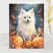 ハロウィンのアメリカンエスキモ犬 - かぼちゃと怖い カード (黄色い花)