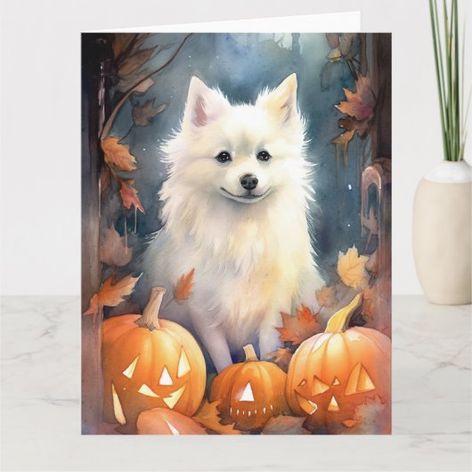 ハロウィンのアメリカンエスキモ犬 - かぼちゃと怖い カード (正面)